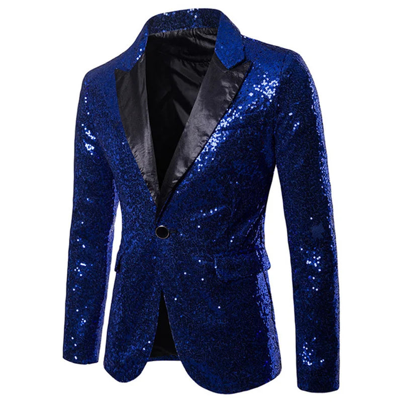 New Sequin One Button Shawl Collar Jacket Men Bling Glitter Nightclub Prom DJ Blazer XZ28 Royal Blue, XXL