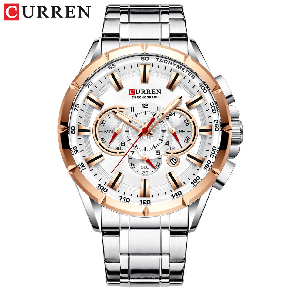 New Casual Sport Chronograph Men's Watches Stainless Steel Band Wristwatch Big Dial Quartz Clock with Luminous Pointers