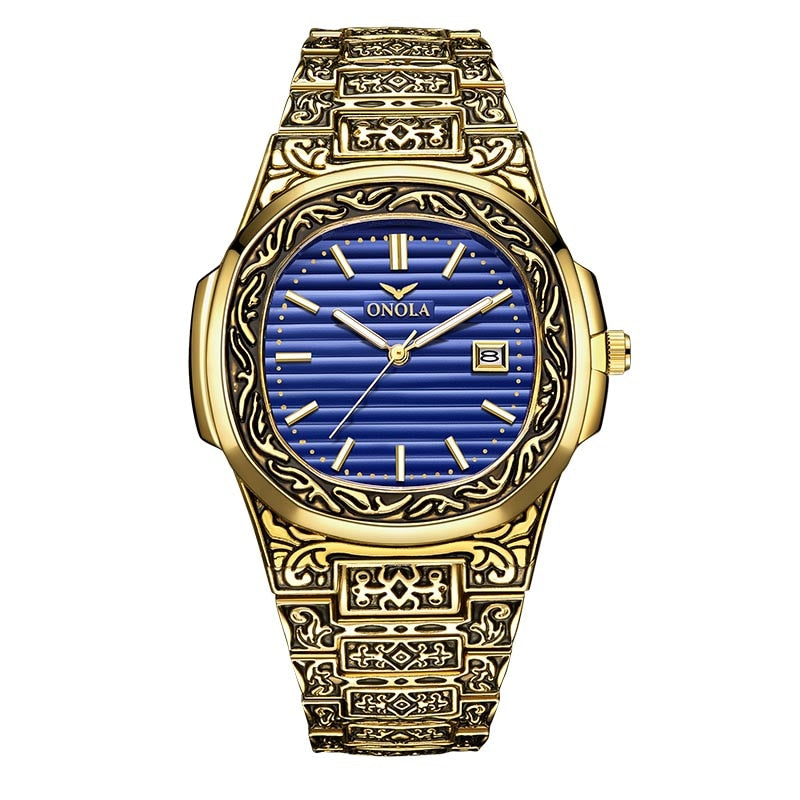 Retro Top Luxury Quartz Watch Men Wristwatch Waterproof Fashion Casual Golden Classic Calendar Waterproof Watch Male Clock gold blue