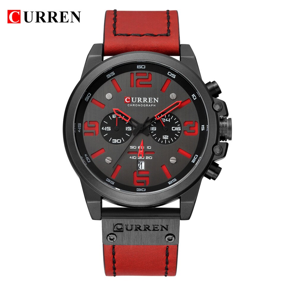 Men Watches Top Luxury Brand Waterproof Sport Wrist Watch Chronograph Quartz Military Genuine Leather Relogio Masculino black red