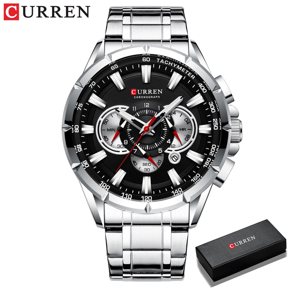 New Casual Sport Chronograph Men's Watches Stainless Steel Band Wristwatch Big Dial Quartz Clock with Luminous Pointers silver black box