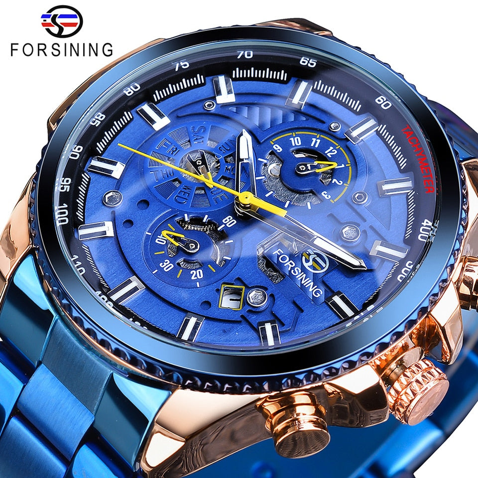 New Men Forsining Three Dial Calendar Watch Stainless Steel Men Mechanical Automatic Wrist Watches Top Brand Luxury Military Sport Male Clock