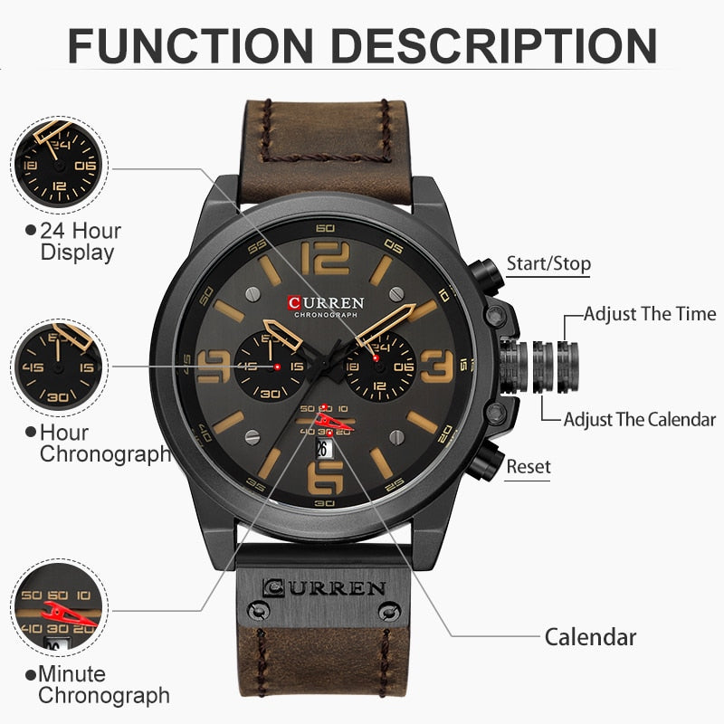 Men Watches Top Luxury Brand Waterproof Sport Wrist Watch Chronograph Quartz Military Genuine Leather Relogio Masculino