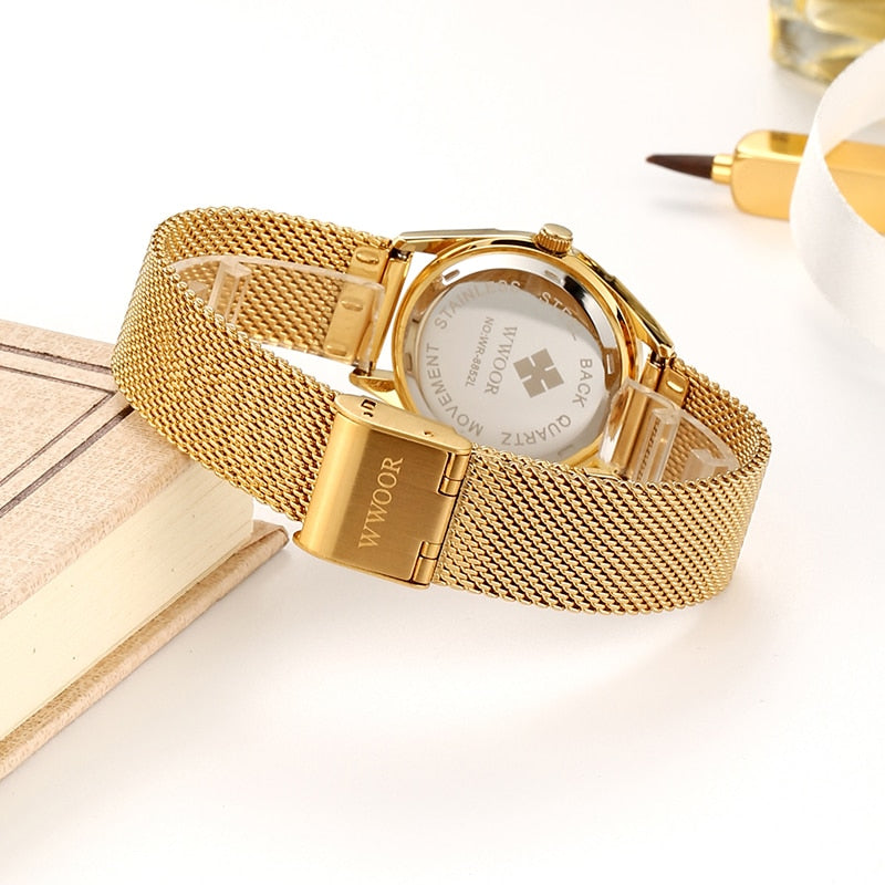 Luxury Brand Dress Gold Watch Ladies Elegant Diamond Small Quartz Wrist Watches For Women Steel Mesh Clock zegarek damski