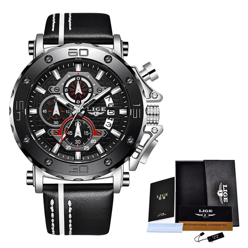 Men Watches Fashion Sport Leather Watch Mens Luxury Date Waterproof Quartz Chronograph SIlver Black, China