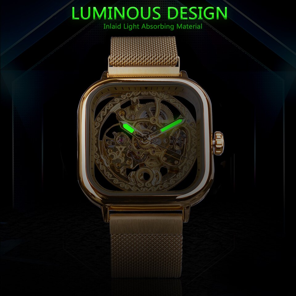 New Men Forsining Golden Automatic Watch Square Skeleton Mesh Steel Band Mechanical Business Clock Relogio Masculino Erkek Kol Saati