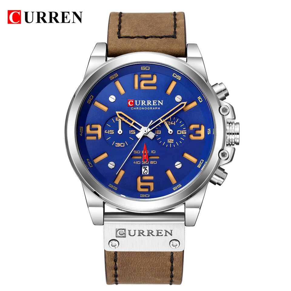 Men Watches Top Luxury Brand Waterproof Sport Wrist Watch Chronograph Quartz Military Genuine Leather Relogio Masculino silver blue