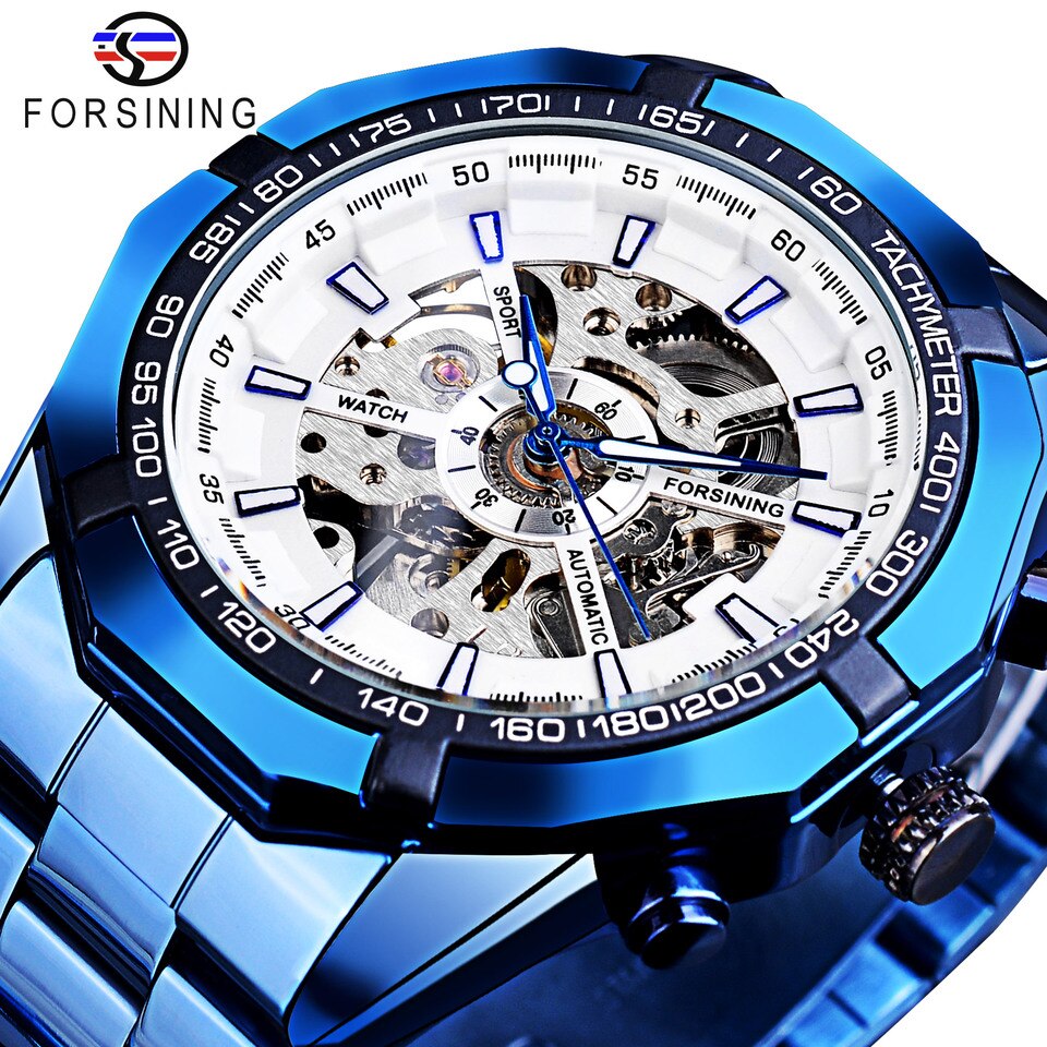 New Men Forsining Stainless Steel Watch Waterproof Mens Skeleton Watches Top Brand Luxury Transparent Mechanical Sport Male Wrist Watches