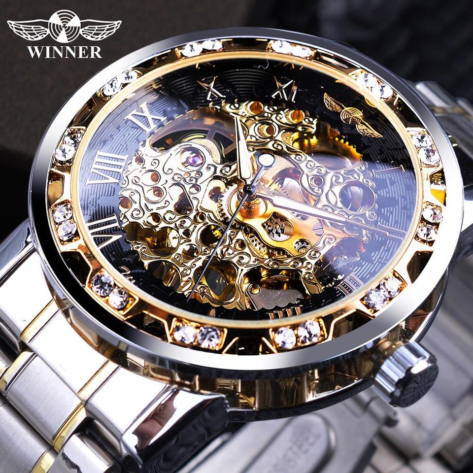 New Men Mechanical Skeleton Wrist Watch Winner Transparent Fashion Diamond Luminous Gear Movement Royal Design Men Top Brand Luxury Male