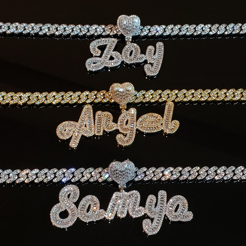 Custom Name Necklace with Heart Rhinestone Cuban Chain Word Necklace  Iced Out CZ Personalized Hiphop Jewelry