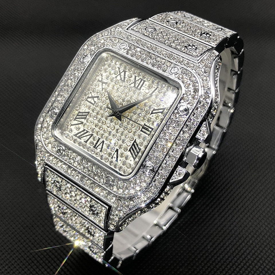 Ice Out Square Watch For Men Top Brand Luxury Full Diamond Men Watches Ultra Thin Waterproof Hip Hop Clock Dropshipping