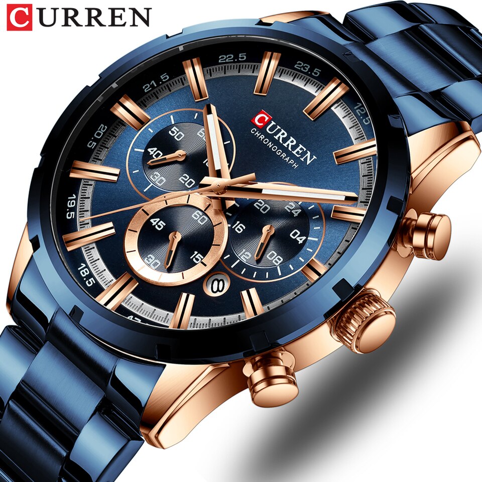 Men Watch Blue Dial Stainless Steel Band Date Mens Business Male Watches Waterproof Luxuries Men Wrist Watches for Men