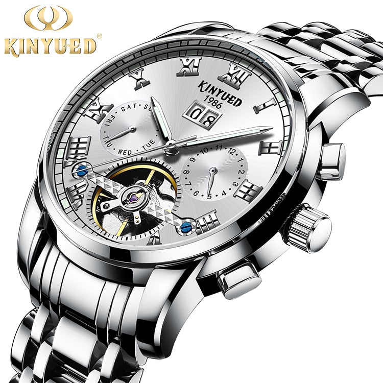 New Men Kinyued Stainless Steel Watch Band Automatic Mechanical Business Wrist Watch Luxury Brand Waterproof Watch for Men