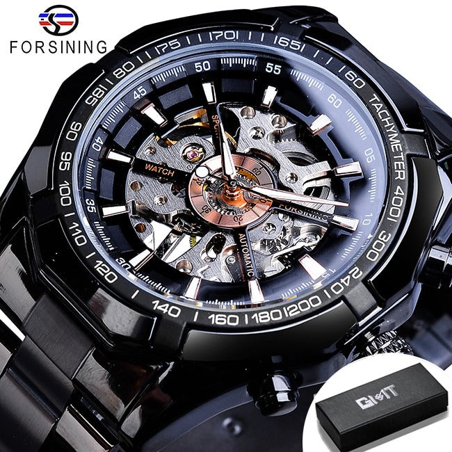 New Men Forsining Stainless Steel Watch Waterproof Mens Skeleton Watches Top Brand Luxury Transparent Mechanical Sport Male Wrist Watches