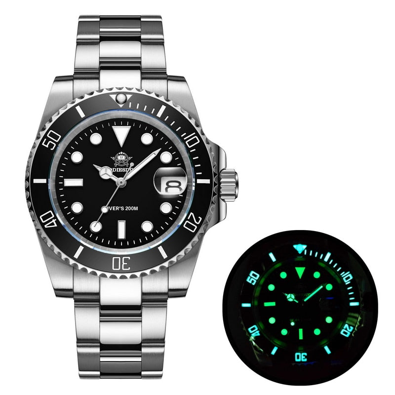 Men Luxury Quartz Watch 200m diver watches 41mm Ceramic Bezel Calendar Display Luminous Watches Men watch black