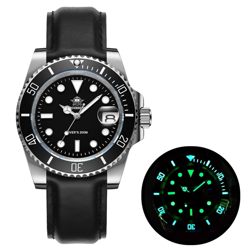 Men Luxury Quartz Watch 200m diver watches 41mm Ceramic Bezel Calendar Display Luminous Watches Men watch leather black