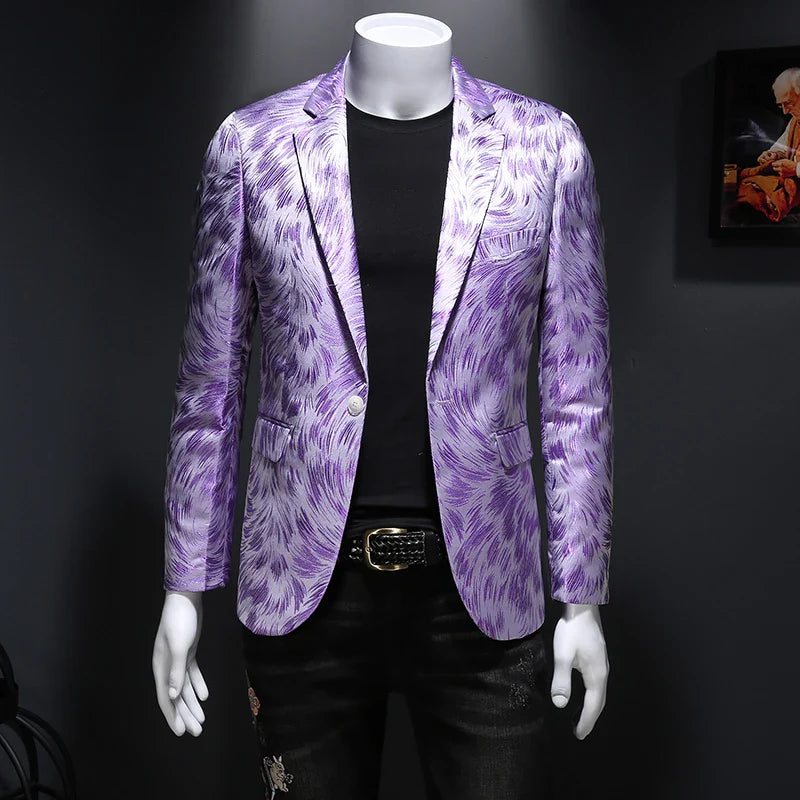 New Men Blazer Homme Stage Outfit Performance Metal Gold Yarn Smart Casual Lavender, Asia 6XL