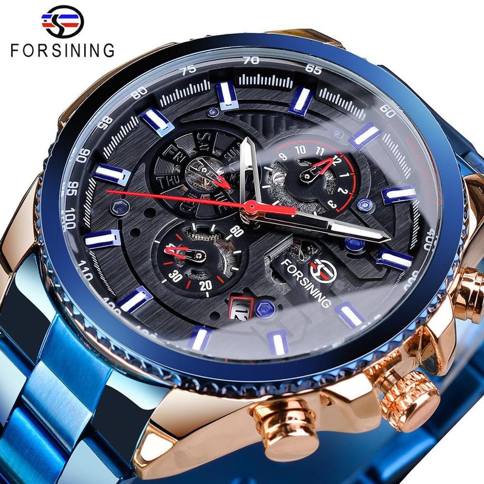 New Men Forsining Three Dial Calendar Watch Stainless Steel Men Mechanical Automatic Wrist Watches Top Brand Luxury Military Sport Male Clock