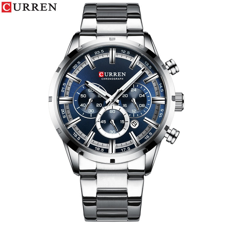 Men Watch Blue Dial Stainless Steel Band Date Mens Business Male Watches Waterproof Luxuries Men Wrist Watches for Men