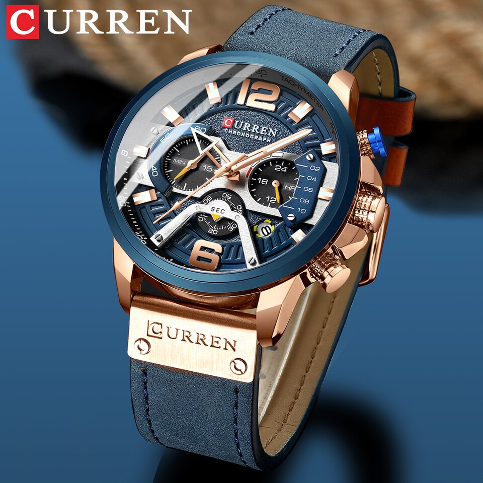 Men Watches Top Brand Luxury Blue Leather Chronograph Sport Watch For Men Fashion Date Waterproof Clock Reloj Hombre