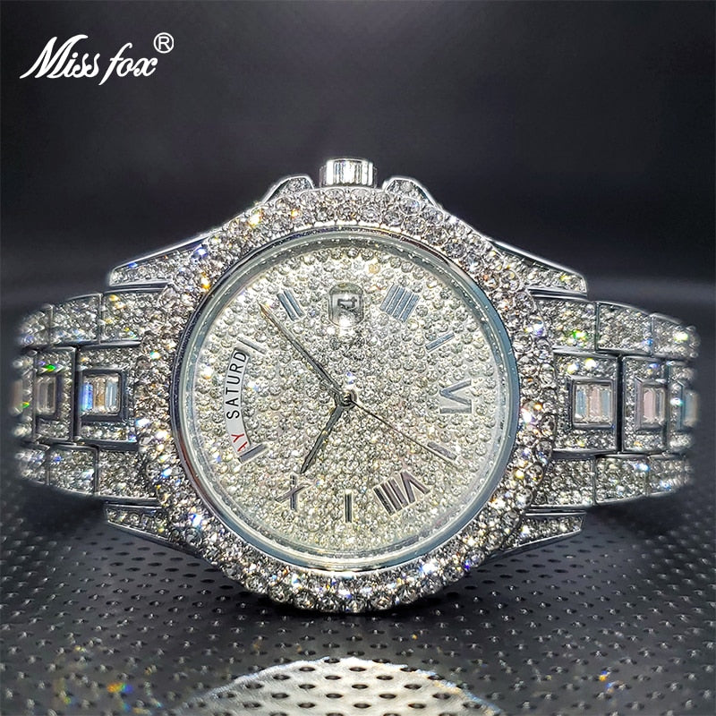 Diamond Watch Multifunction Day Date Adjust Calendar Quartz Watches For Men V320R-Silver