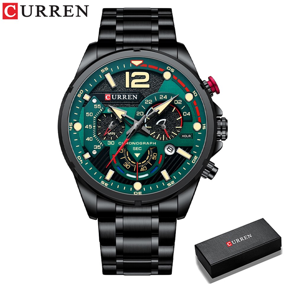 Casual Business Chronograph Waterproof Stainless Steel Watch Mens New Luxury Fashion Quartz Men wristwatch black green box