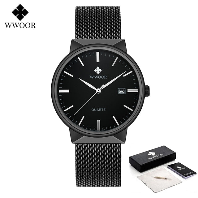 Men Simple Slim Watches Luxury Brand Gold Steel Mesh Ultra Thin Waterproof Date Wrist Watch Men Golden Clock With Box