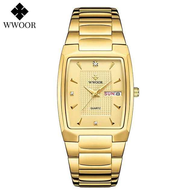 New Square Watch Men with Automatic Week Date Luxury Stainless Steel Gold Mens Quartz Wrist Watches Relogio Masculino gold gold