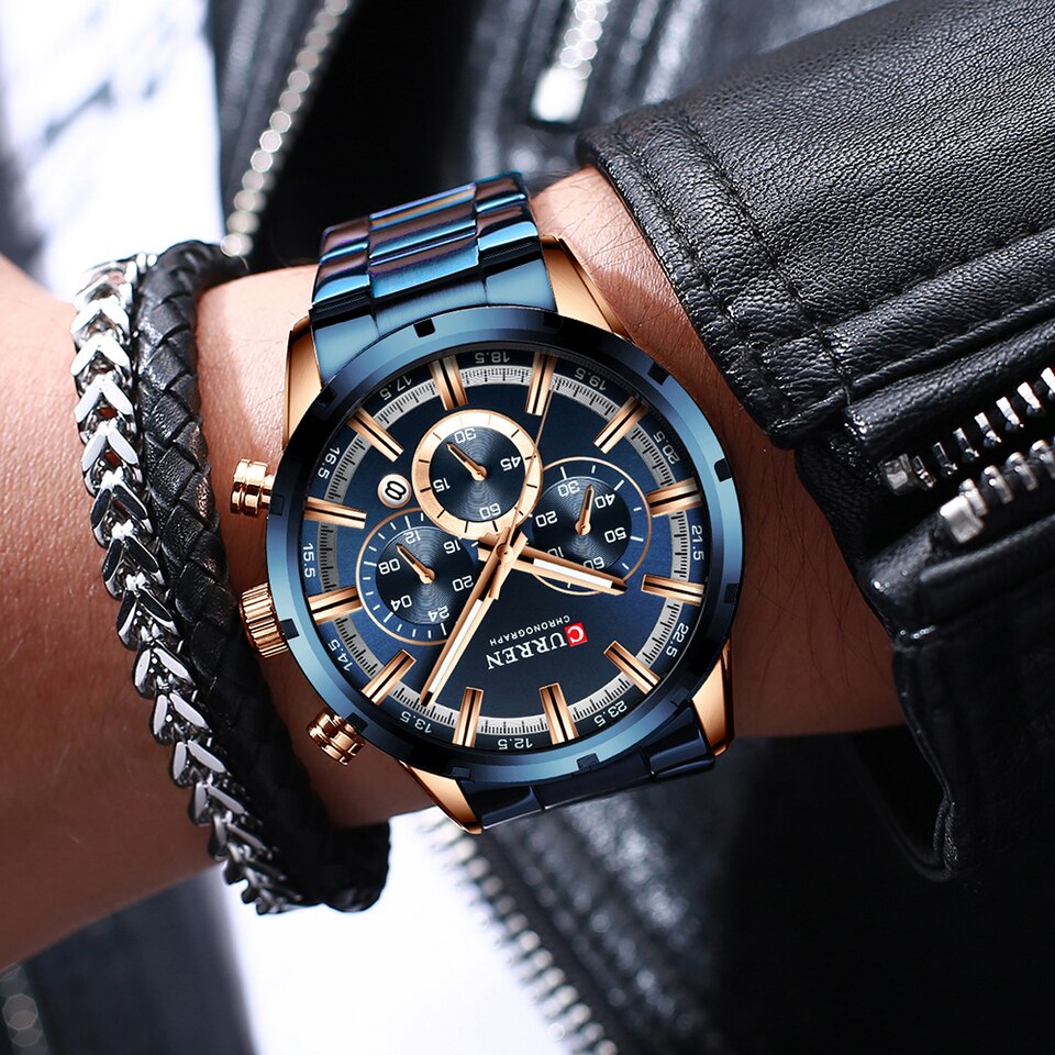 Men Watch Blue Dial Stainless Steel Band Date Mens Business Male Watches Waterproof Luxuries Men Wrist Watches for Men