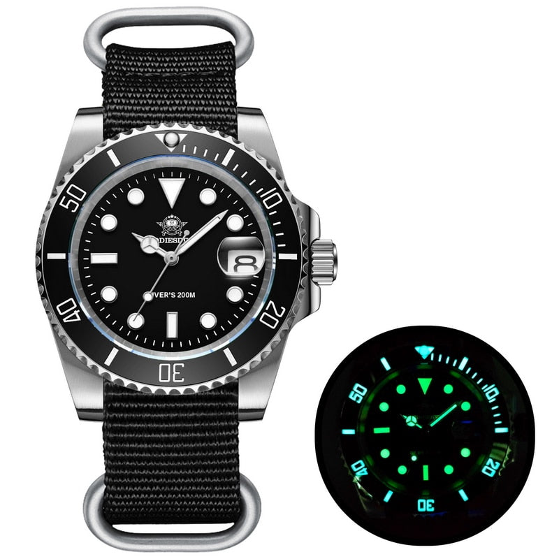 Men Luxury Quartz Watch 200m diver watches 41mm Ceramic Bezel Calendar Display Luminous Watches Men watch NATO black