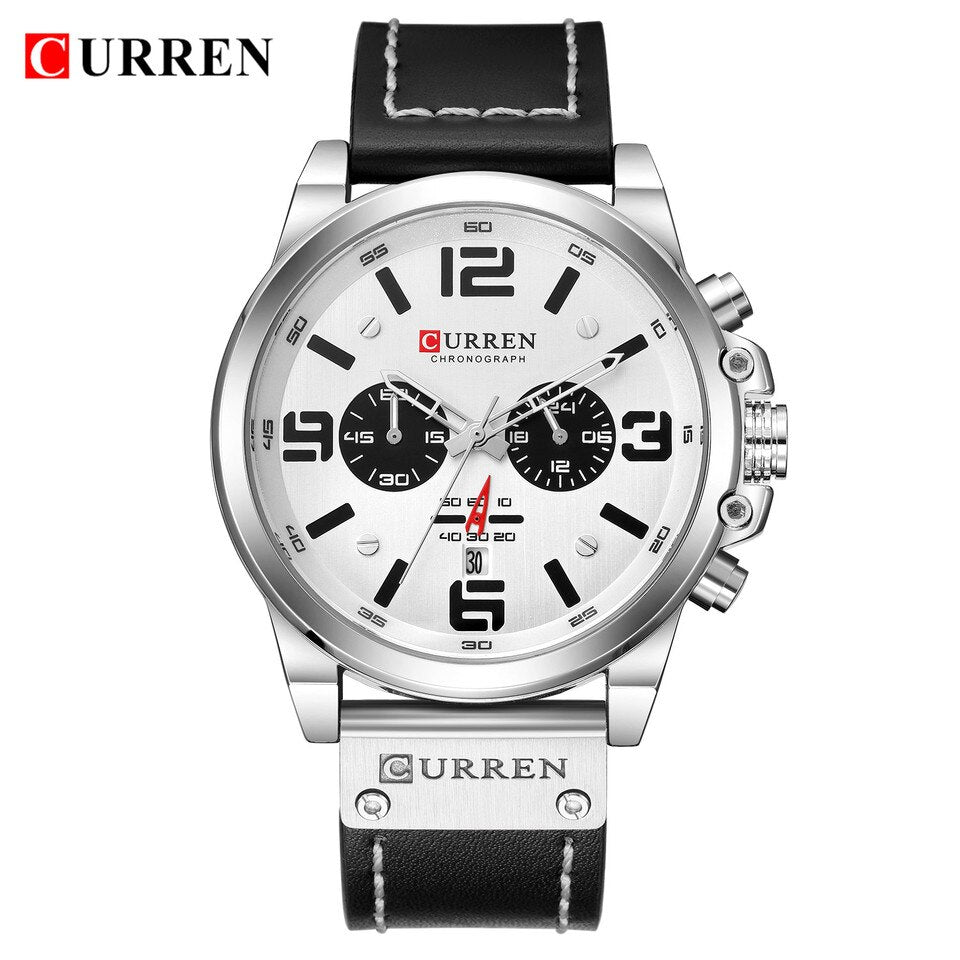 Men Watches Top Luxury Brand Waterproof Sport Wrist Watch Chronograph Quartz Military Genuine Leather Relogio Masculino silver white