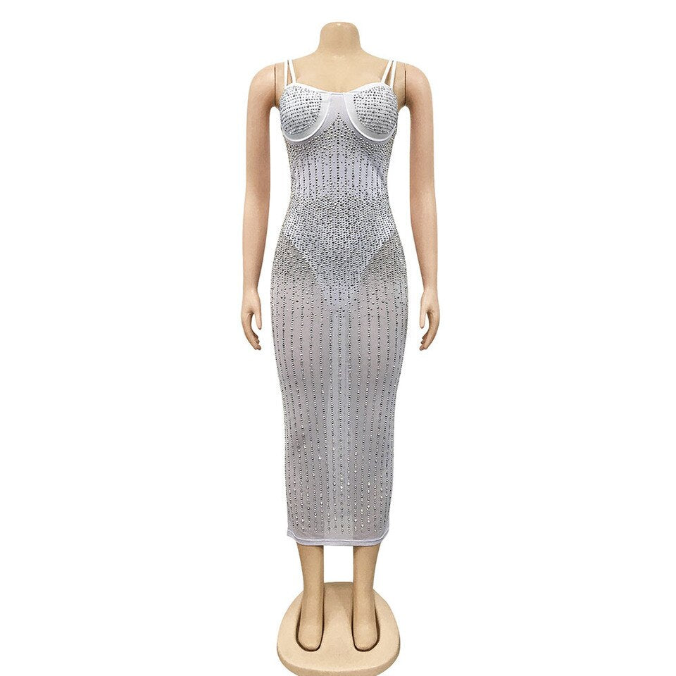 Sequin Glitter Crystal Midi Dress Vestido Women Sleeveless Strap Bodycon See Through Party Club Dresses White, M, China