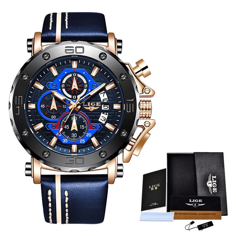 Men Watches Fashion Sport Leather Watch Mens Luxury Date Waterproof Quartz Chronograph Rose Gold Blue, China