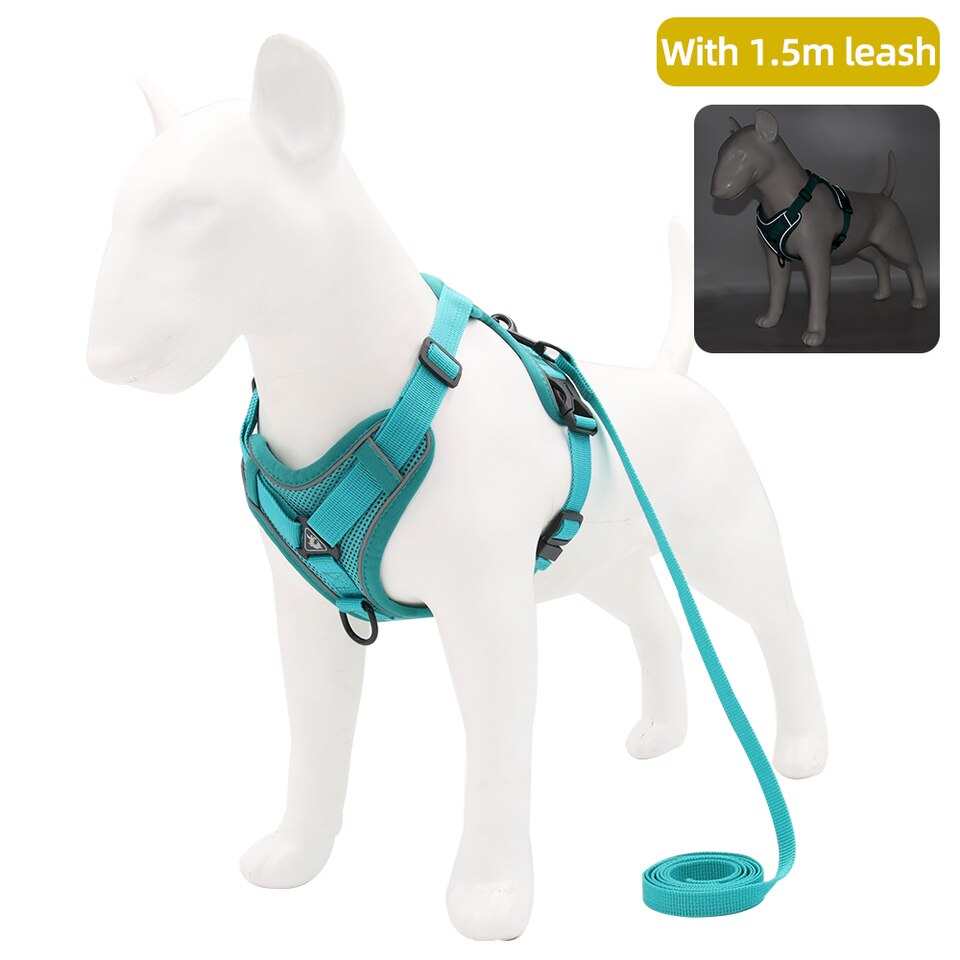 Dog Harness with 1.5m Traction Leash Set No Pull Dog Vest Strap Adjustable Reflective Breathable Harness for Dogs Puppy and Cats Green, S