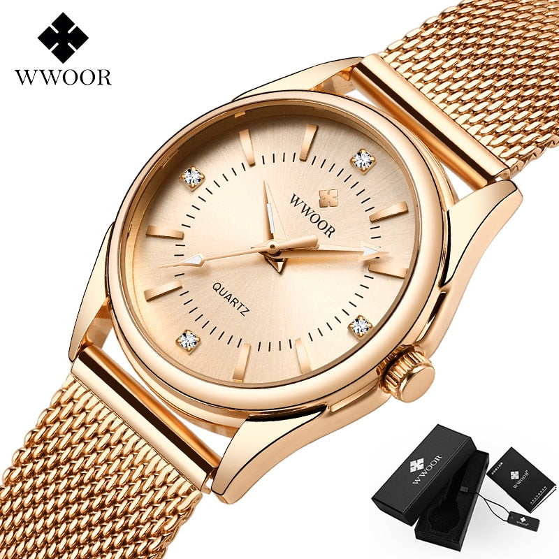 Luxury Brand Dress Gold Watch Ladies Elegant Diamond Small Quartz Wrist Watches For Women Steel Mesh Clock zegarek damski