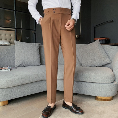 New Men British Style Autumn New Solid High Waist Trousers Men Formal Pants High Quality Slim Fit Business Casual Suit Pants Hommes 02 Camel, 32, China