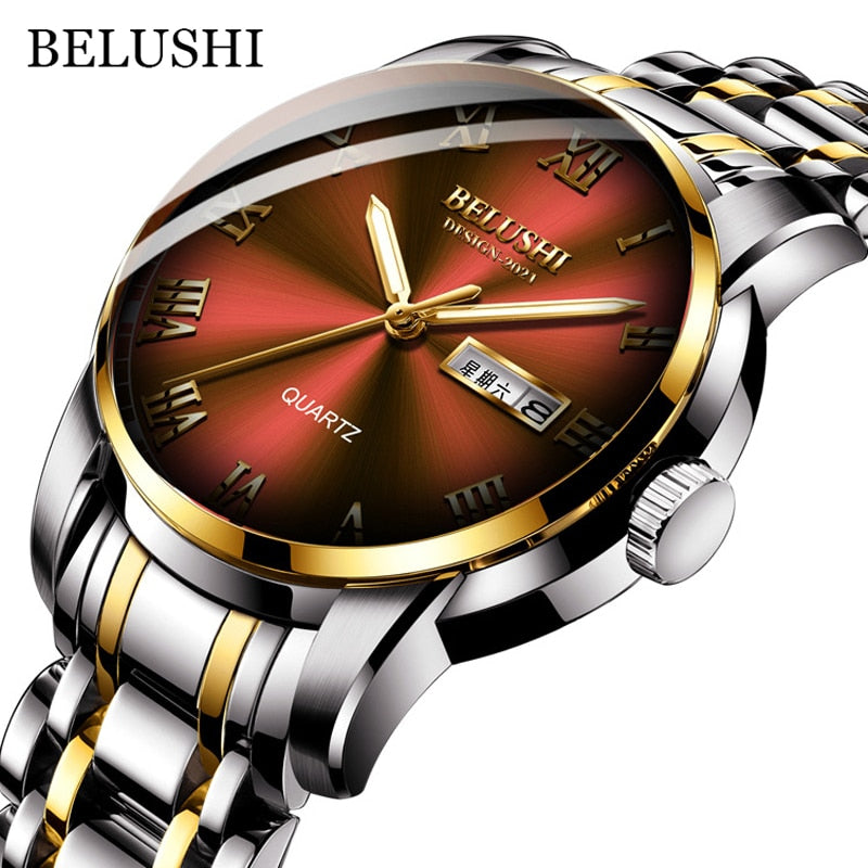 New Men Stainless Steel Business Date Clock Waterproof Luminous Watches Mens Luxury Sport Quartz Wrist Watch Silver Golden Red