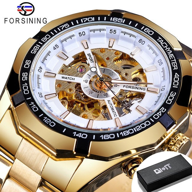 New Men Forsining Stainless Steel Watch Waterproof Mens Skeleton Watches Top Brand Luxury Transparent Mechanical Sport Male Wrist Watches