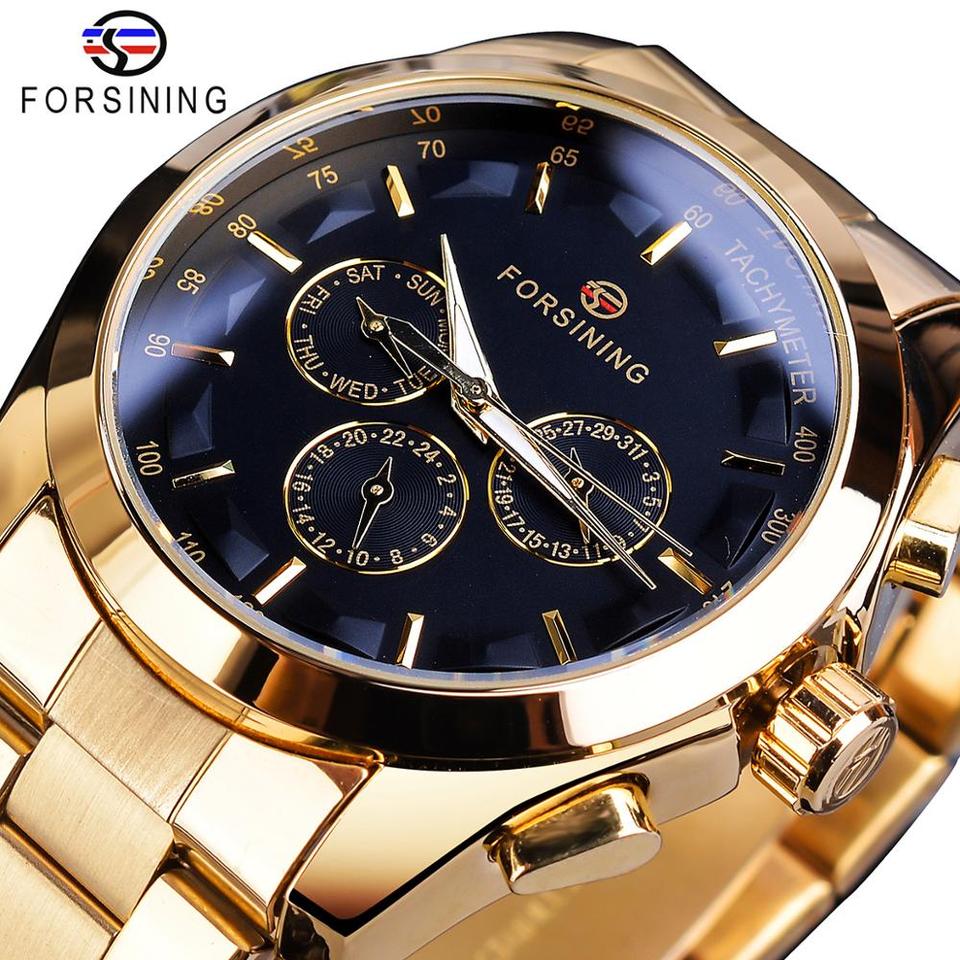 New Men Forsining Black Mechanical Watch 3 Dial Calendar Automatic Self Wind Clock Business Sport Stainless Steel Belts Wristwatch