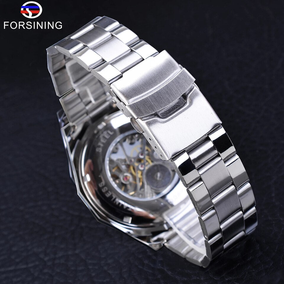 New Men Forsining Stainless Steel Watch Waterproof Mens Skeleton Watches Top Brand Luxury Transparent Mechanical Sport Male Wrist Watches