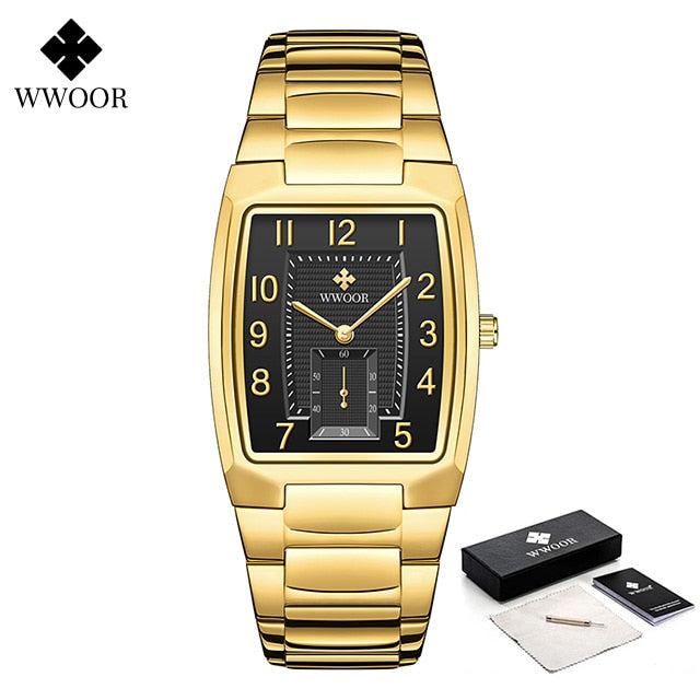 New Square Watch Men with Automatic Week Date Luxury Stainless Steel Gold Mens Quartz Wrist Watches Relogio Masculino 37-2 gold black