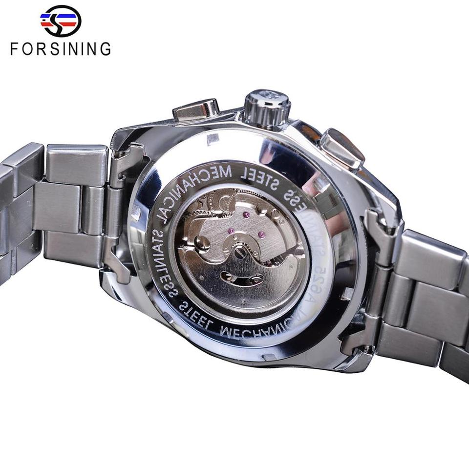 New Men Forsining Black Mechanical Watch 3 Dial Calendar Automatic Self Wind Clock Business Sport Stainless Steel Belts Wristwatch