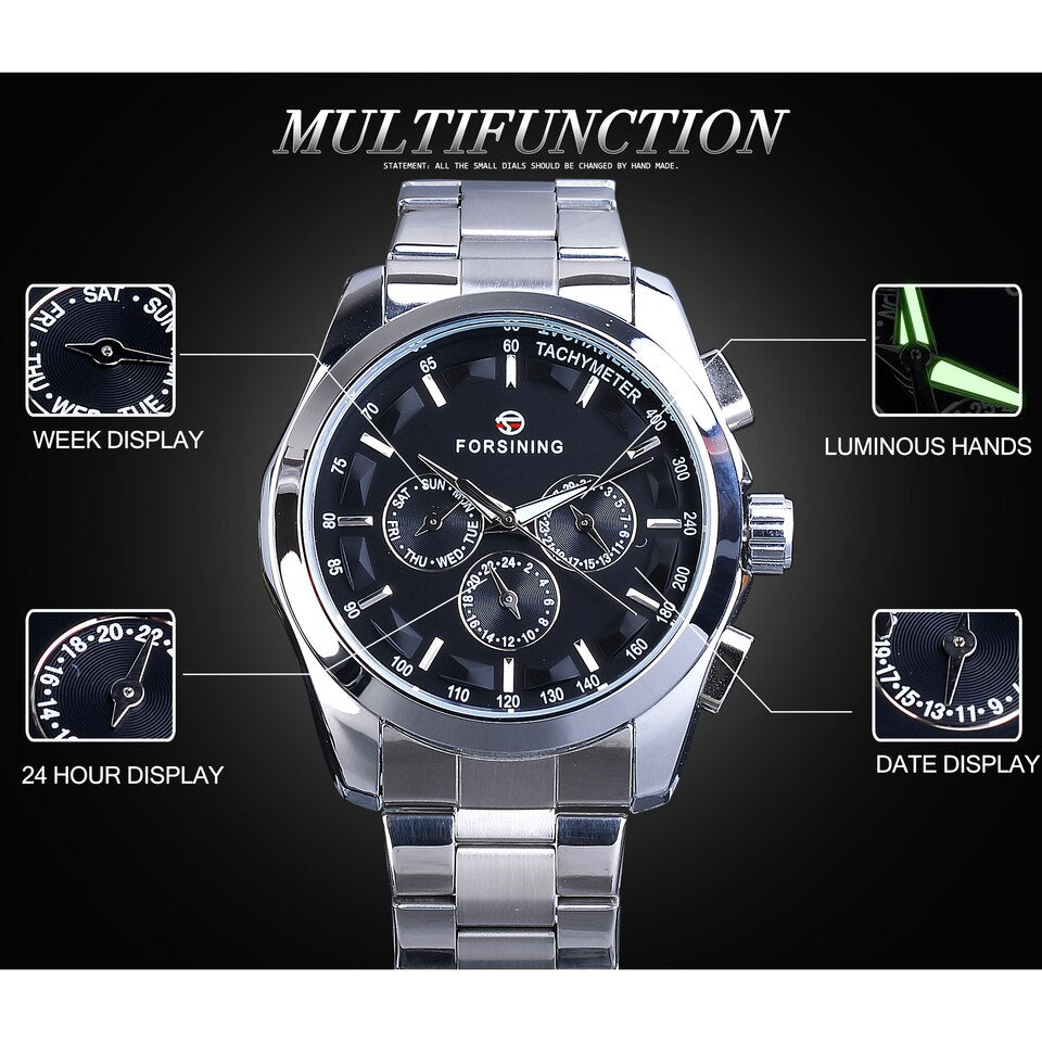 New Men Forsining Black Mechanical Watch 3 Dial Calendar Automatic Self Wind Clock Business Sport Stainless Steel Belts Wristwatch