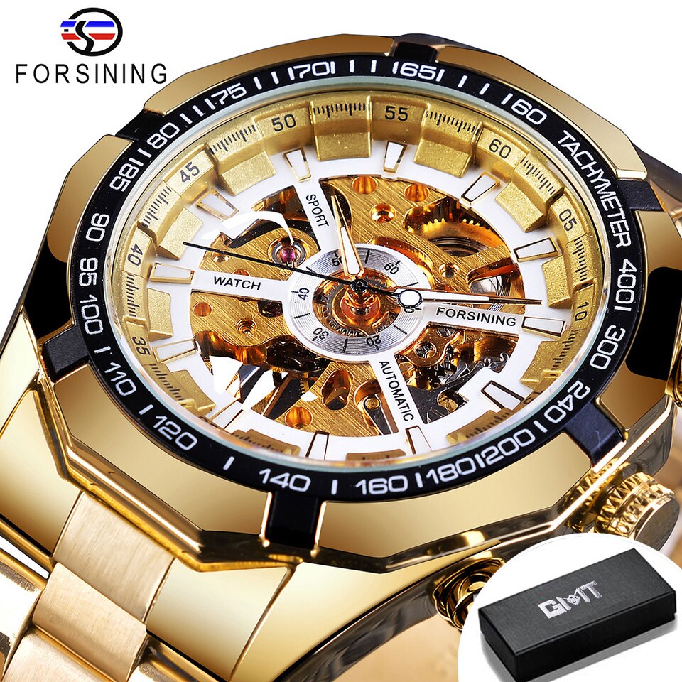 New Men Forsining Stainless Steel Watch Waterproof Mens Skeleton Watches Top Brand Luxury Transparent Mechanical Sport Male Wrist Watches White Golden, China