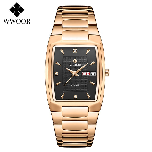 New Square Watch Men with Automatic Week Date Luxury Stainless Steel Gold Mens Quartz Wrist Watches Relogio Masculino rose black