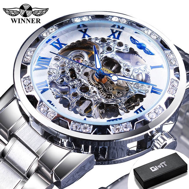 Winner Transparent Fashion Diamond Luminous Gear Movement Royal Design Men Top Brand Luxury Male Mechanical Skeleton Wrist Watch S1089-3