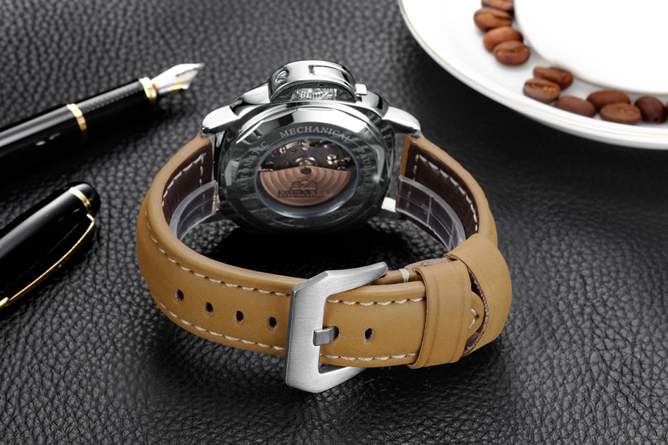 New Men Self Wind Mechanical Watch Automatic Genuine Brown Leather Strap Yellow Green Luminous 44mm Luxury Rose Gold Military Men Watch