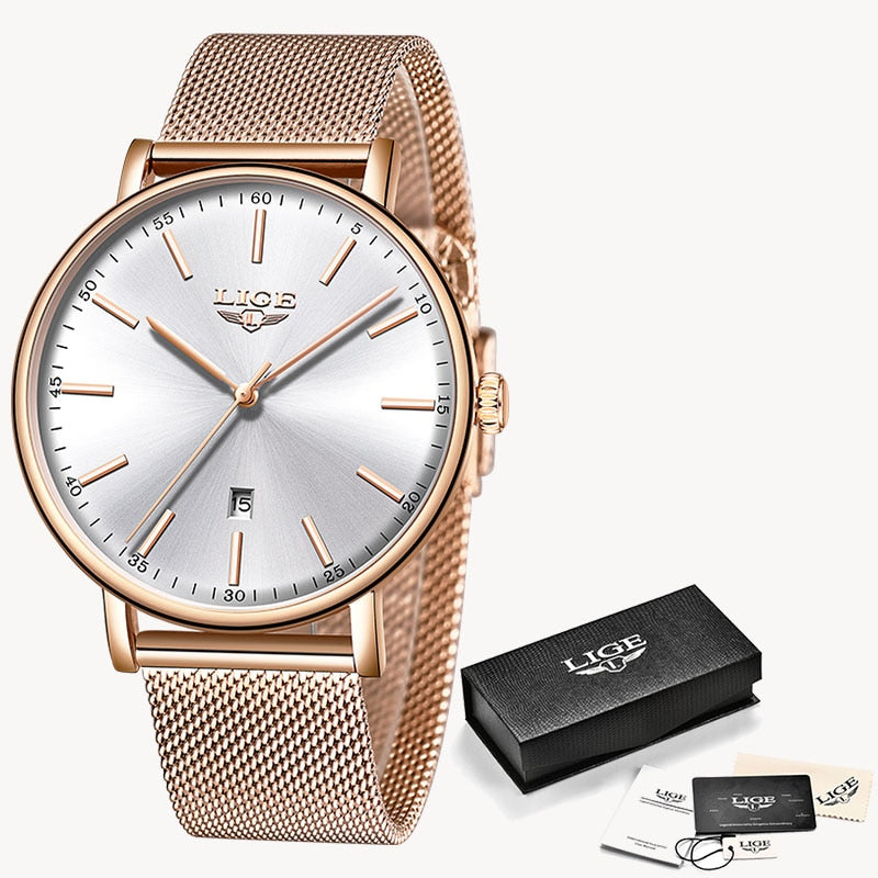 LIGE Womens Watches Top Brand Luxury Waterproof Watch Fashion Ladies Stainless Steel Wristwatch Casual Quartz Clock Reloj Mujer