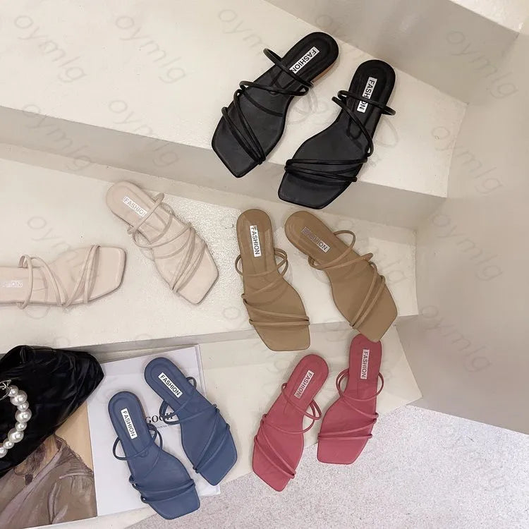 Slippers women summer Korean version new square-toe flat-heel candy color fashion outer wear sandals slippers