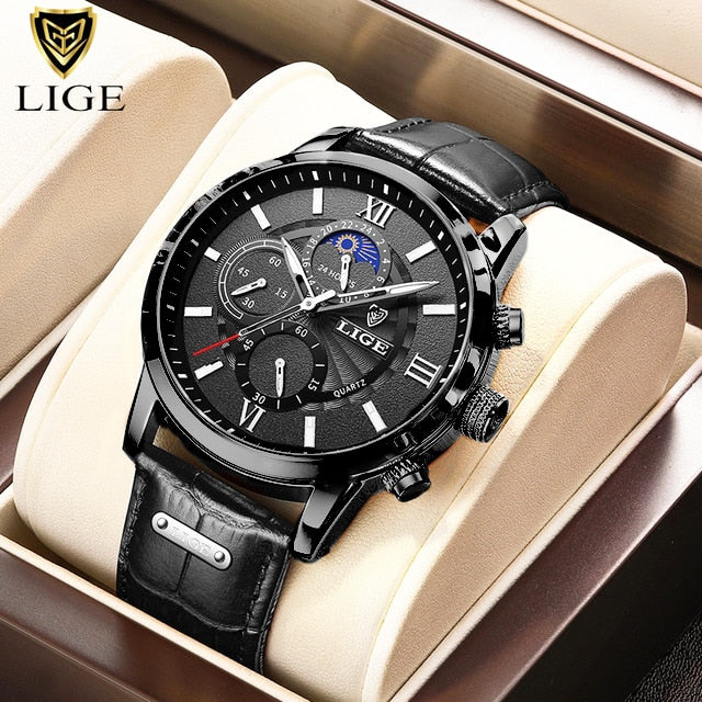 New Mens Watches LIGE Top Brand Luxury Leather Casual Quartz Watch Men Sport Waterproof Clock Watch Relogio Masculino+Box All black